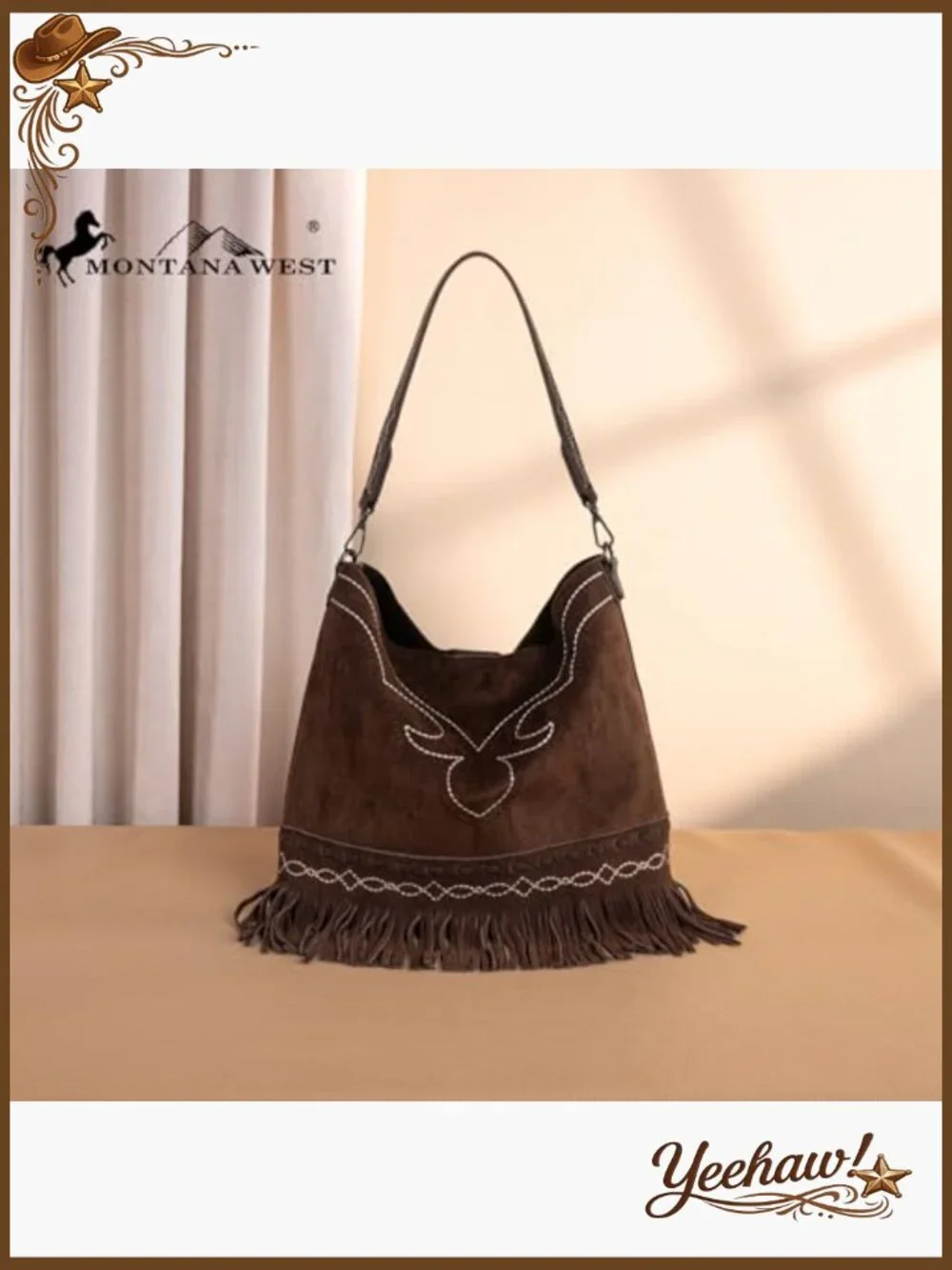 Fringe Suede Hobo Bag with Embroidered Strap - Picture 3 of 6